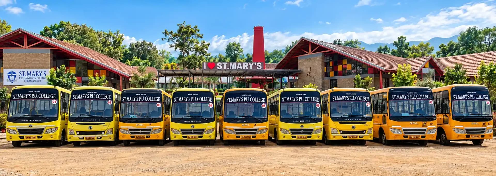 The St. Mary's PU College bus fleet lined up on campus