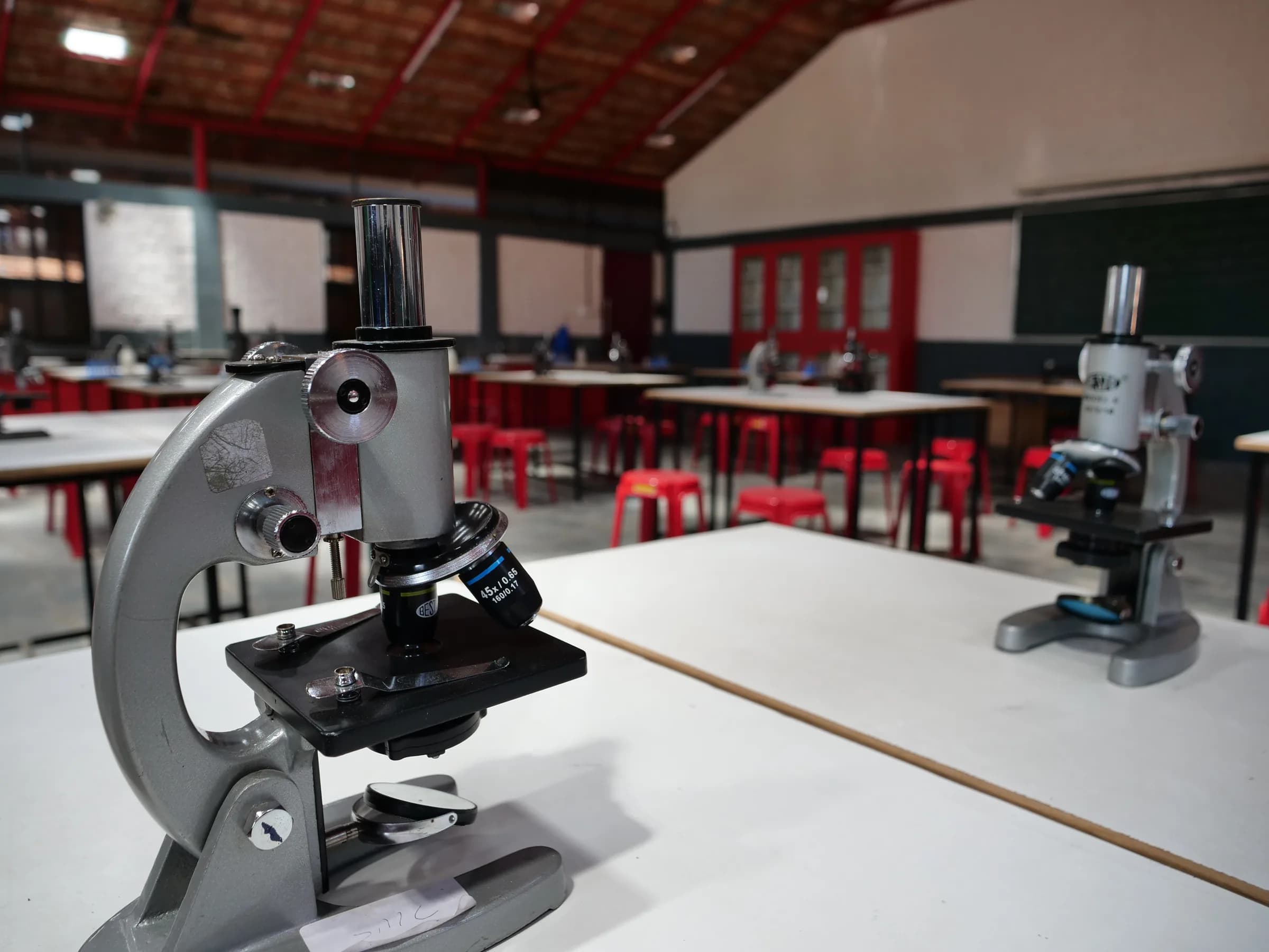 Biology laboratory with microscopes at St. Mary's PU College